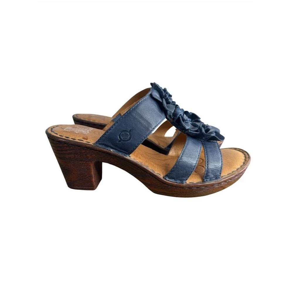 Born Zenia Leather Slip-On Heel Sandals Shoes size 7/38 Blue Floral Flower